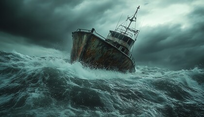 Fototapeta premium A battered refugee vessel struggling against the ocean s fury