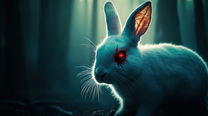 striking image of white rabbit with glowing red eyes in dark forest, evoking sense of mystery and intrigue. contrast between rabbit fur and eerie background creates captivating atmosphere