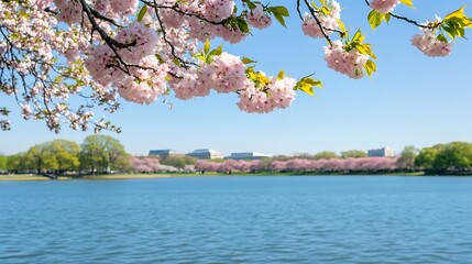 Beautiful Cherry Blossoms Reflecting on the Calm Water in Spring