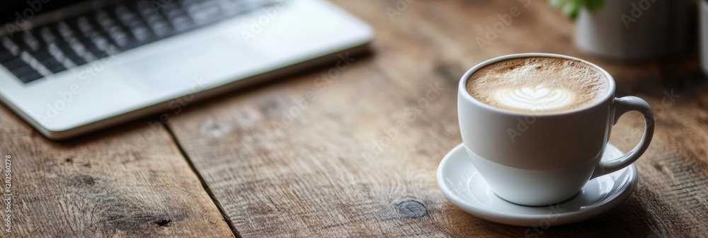 Aufkleber freshly brewed coffee sits on a rustic wooden table beside a laptop in a cozy workspace. generative 