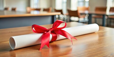 Diploma on a desk with a bright red ribbon tied around it, academic, celebration,  academic