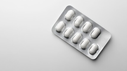 Close-up view of a white pill on a clean surface with soft lighting and shadow effects
