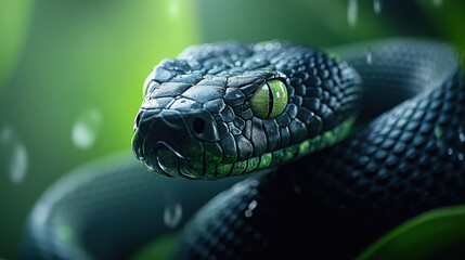 Fototapeta premium close up of huge black snake with vibrant green eyes, glistening in light, surrounded by lush greenery and droplets of water, evokes sense of intrigue and beauty