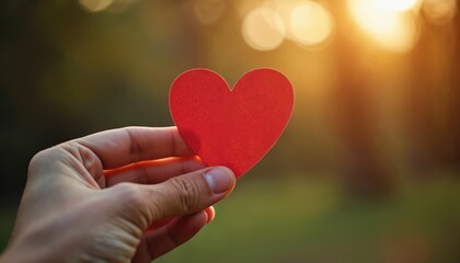 Hand holds red heart against blurred sunset sunrise with light leaks. Valentine concept. Gratitude symbol, thank. Love, kindness, relationship. Background for holidays, valentines day, greetings