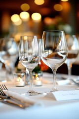 Elegant dining glasses on a table, restaurant setting