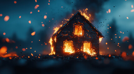 Naklejka premium dramatic scene of house engulfed in flames, surrounded by glowing embers and smoke, creating sense of urgency and destruction
