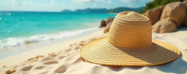 Wide-brimmed straw hat, sun protection design , summer, ocean, bright