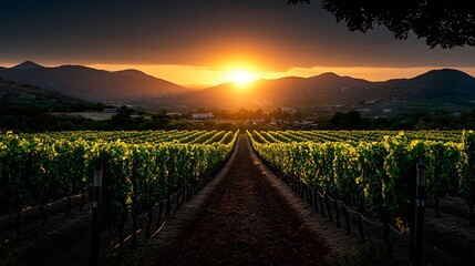 Fototapeta premium Sunset over a vineyard with rows of grapevines leading to distant hills and a serene landscape
