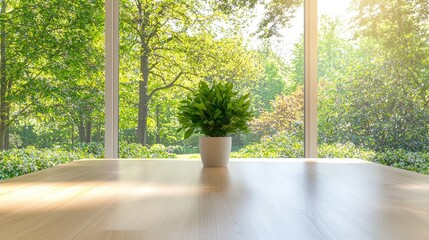 Plant on wooden table, sunlit room, green park view, home decor