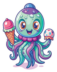 Create a whimsical illustration of a cheerful, cartoonish alien octopus with a large, friendly smile, holding a glowing orb.