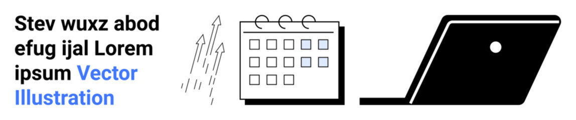 Calendar with upward arrows and laptop for scheduling, growth, and organization. Ideal for productivity, planning, workflows, time management, strategy analysis career development. Abstract line