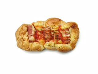 Bread topped with sausage, mayonnaise, cheese and sauce isolated on white background, Flat Lay 