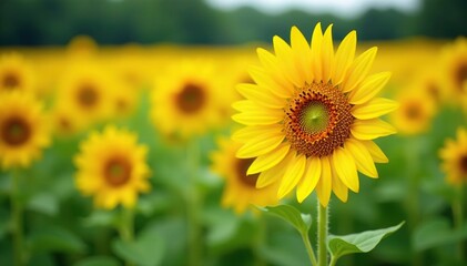 Obraz premium Sunflower field with yellow flowers swaying in wind, nature, sunflowers