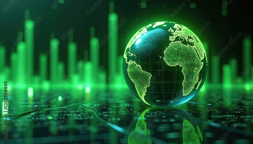 Leinwandbilder world globe with green glowing continents. digital tech surface and blurred chart bars. globalisatio