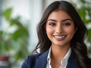Fototapeta premium Professional profile of a beautiful smiling woman in a business suit with soft bokeh effect and studio lighting. Natural, makeup-free, with white shirt and blue blazer, office background.