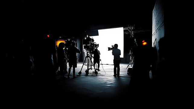 Silhouette images of video production behind the scenes or b-roll or making of TV commercial movie that film crew team lightman and cameraman working together with director in big studio

