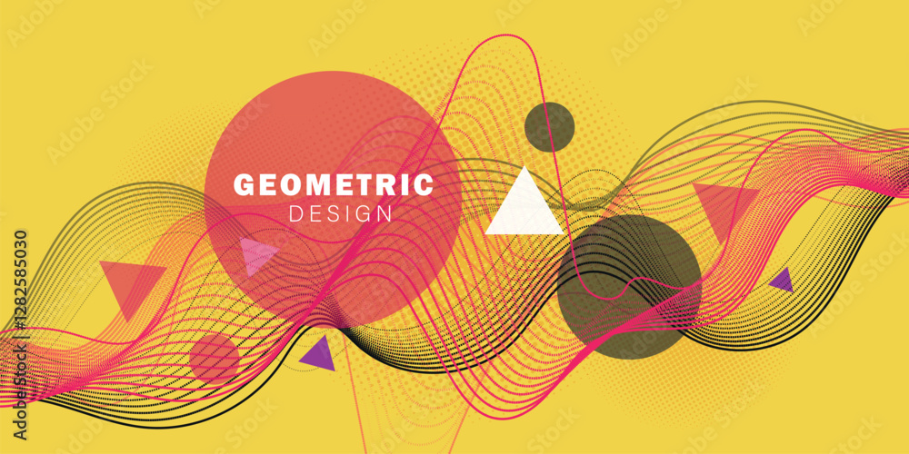 Poster abstract fluid shapes wave lines and geometric elements on yellow background