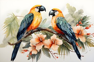 Fototapeta premium Including a set of leaves, flowers and birds