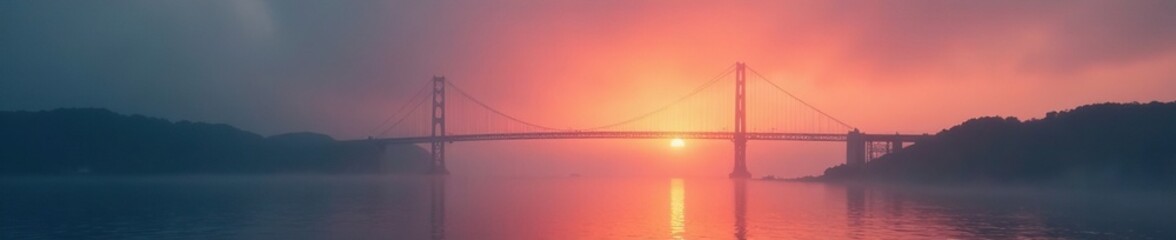 Silhouetted barcas against grey misty sky at dawn forming a triangle with the bridge in the background, dawn, triangle