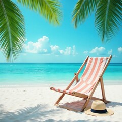 Relaxing striped beach chair with sunhat on white sand tropical beach, peaceful, coast, idyllic