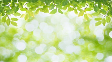 Fototapeta premium Green Leaves Border on Bright Bokeh Background