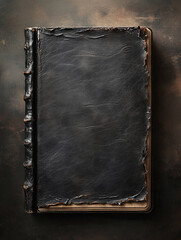 Fototapeta premium An old, worn-out black leather-bound book with a heavily creased and cracked cover, indicating significant age and use.