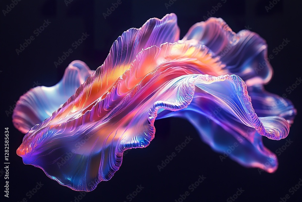 Poster abstract translucent form with vibrant colors floats in darkness