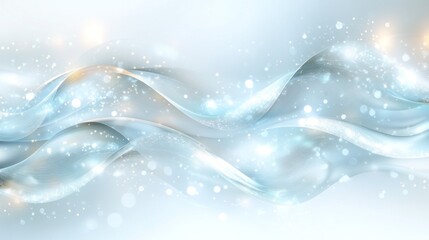 Abstract light blue waves with sparkling particles on a white background.