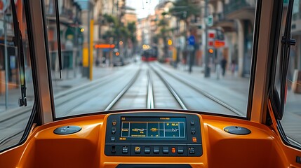 Urban tram interior view, city street, blurred background, travel