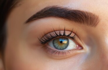 Fototapeta premium Close-up shot of beauty eye with perfect eyebrow and eyelash extensions. Macro detail of eye make-up, cosmetic skin care, visage. Attractive natural beauty, eyebrow shaping, eyelash extension concept.