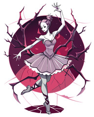 A demonic ballerina with grotesquely twisted limbs,  performing a macabre dance; dark, gothic aesthetic.
