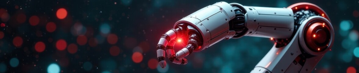 Powerful robotic arm; vibrant red optical sensors; intricate mechanics visible , AI, robotics