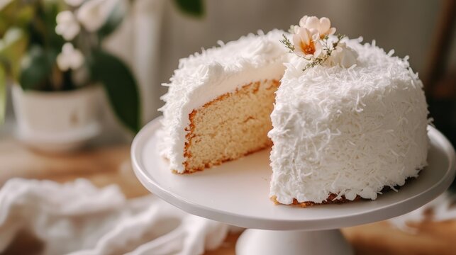 Coconut cloud cake with homemade aesthetics decorated with shredded coconut and soft textures. Delicious coconut cloud cake.