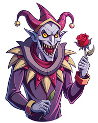 A terrifying demonic jester, sharp jagged teeth bared, holding a single, bloody playing card.  Dark, sinister, macabre.