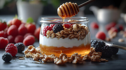 Delicious Granola Yogurt Parfait with Fresh Berries and Honey Drizzle in a Glass Jar on a Dark Tabletop in Soft Natural Lighting