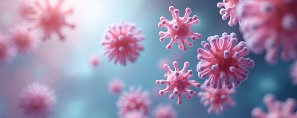 3D visualization of cancer cells, pink tumor on blue background. Microscopic view, biological research. Medical illustration for oncology, virology, coronavirus Covid-19 pandemic. Cellular structure,