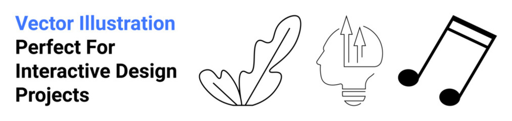Leaf representing nature, head with arrows symbolizing innovation, and musical note for creativity. Ideal for sustainability, innovation, education, art, music, technology flat landing page banner