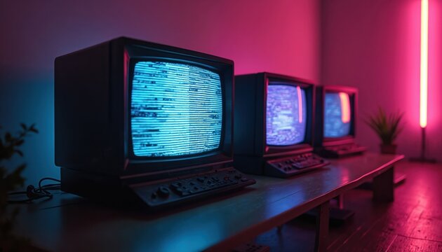 Three retro televisions with glitching screens in neon-lit room. Vintage TV sets display static noise, pixelated images. Aesthetic composition with blue, red, purple neon lights, dark shadows,