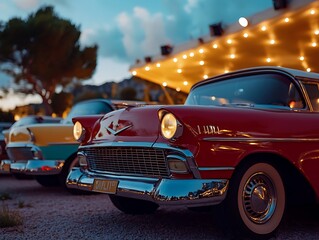 Classic cars parked under evening lights