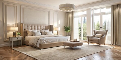 Fototapeta premium Elegant bedroom with neutral colors and soft decor featuring a plush area rug, comfortable reading chair, and floor-to-ceiling curtains in a light beige color, reading nook, neutral colors