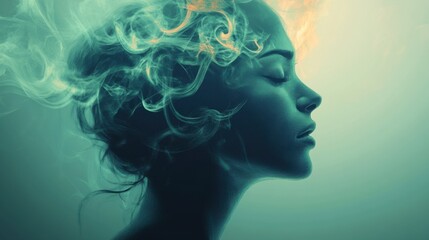 A serene portrayal of a woman lost in thought, with ethereal smoke flowing gracefully around her, symbolizing tranquility and introspection.