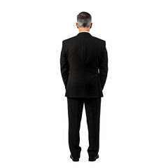 An older man in a black suit, standing with his back to the camera against a white background.