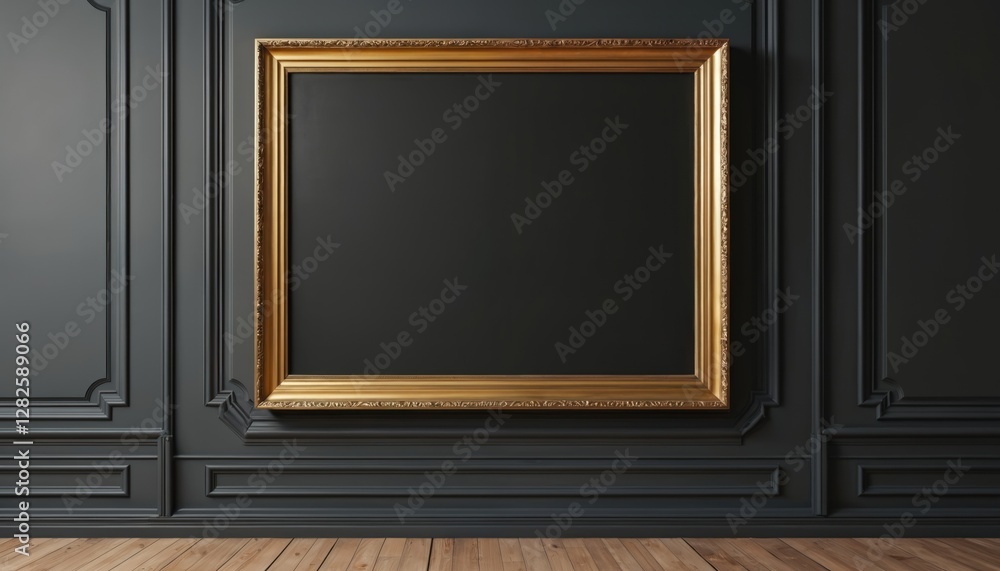 Poster rectangular empty frame with gold trim hangs on black decorative wall above wood floor. modern inter