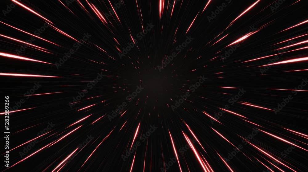 Poster abstract red light streaks radiating from center on black background, resembling hyperspace or speed