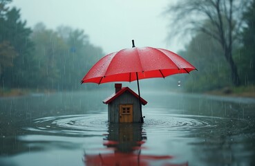 Small house under red umbrella in heavy rain surrounded by water. Property insurance concept. Weather protection from disaster, storm, flood. Home security, safety, secure investment, repair coverage