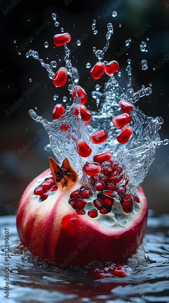 Poster vibrant red pomegranate half splashing in water with seeds bursting in dark setting creates dramatic