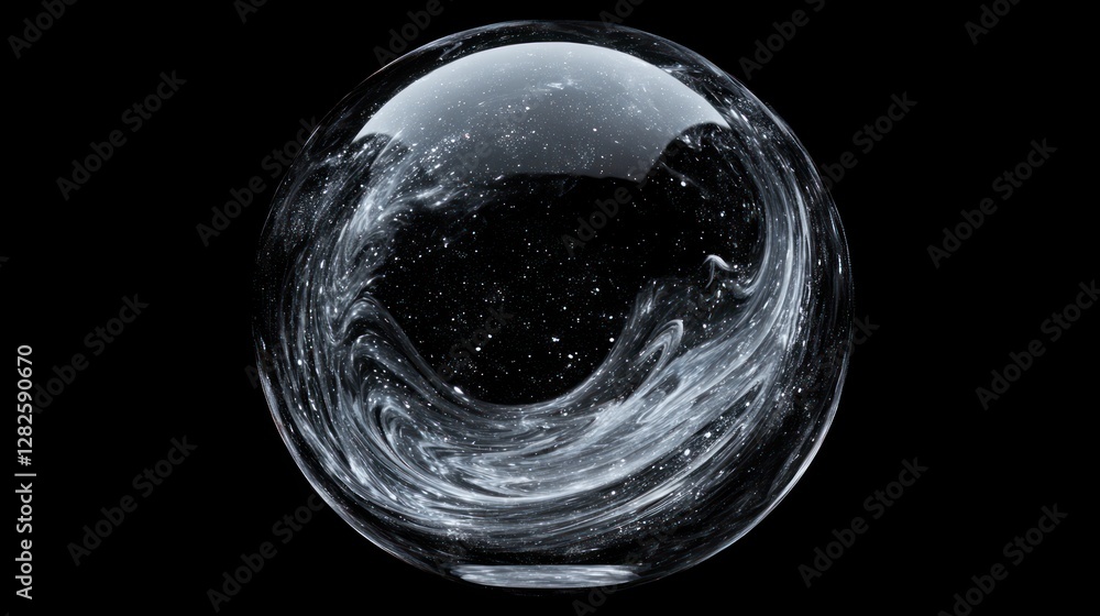Poster abstract sphere with swirling, milky white patterns inside, isolated on black background.