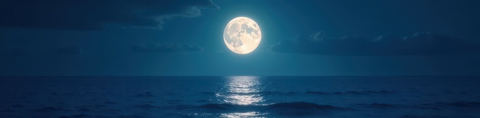 Full moon's radiant glow stretches across calm ocean, gleam, silhouette