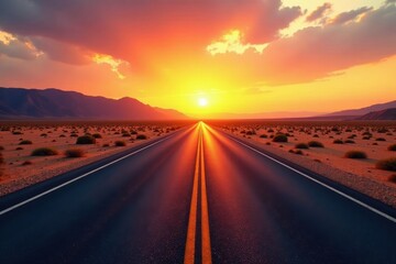 Naklejka premium Long shadows stretch across endless desert road at sunset , golden hour, highway, picturesque