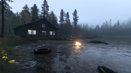 Obraz premium Rainswept Cabin by a Lake in a Misty Forest